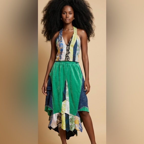 Upcycled green & blue denim and brocade tie accent two piece skirt set size L/XL